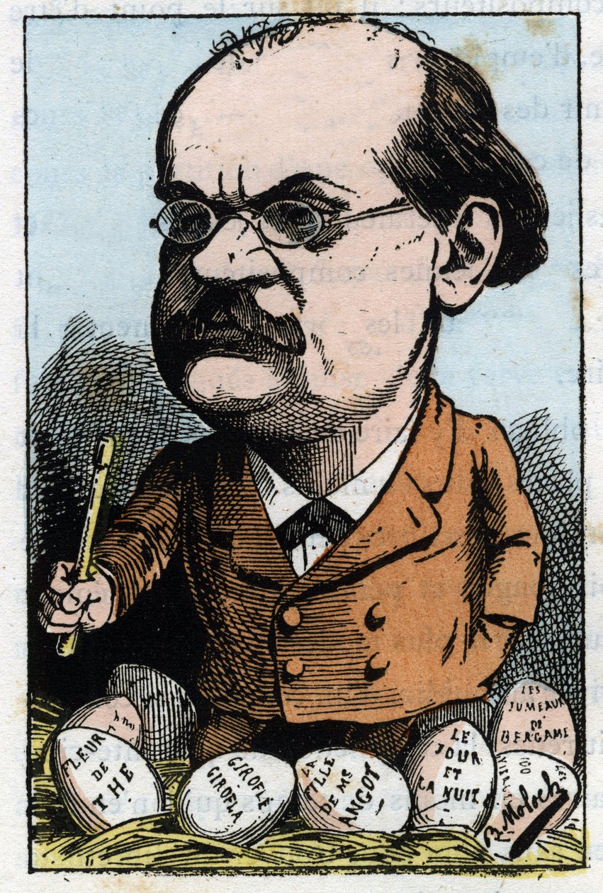 Retrato de Alexandre Charles Lecocq (1832-1918), compositor francês em "Le Trombinoscope" de Touchatout, caricatura de B. Moloch de 1882 (1849-1909). Coleção particular. de Moloch