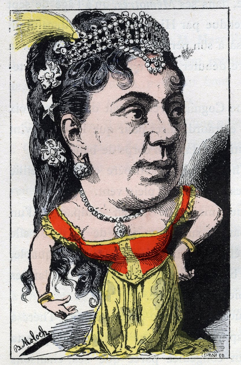 Retrato de Emma Valladon dit Theresa (1837 -1913) cantora de cabaré francês em "Le Trombinoscope" de Touchatout, cartoon de B. Moloch de 1882 (1849-1909). Coleção particular. de Moloch