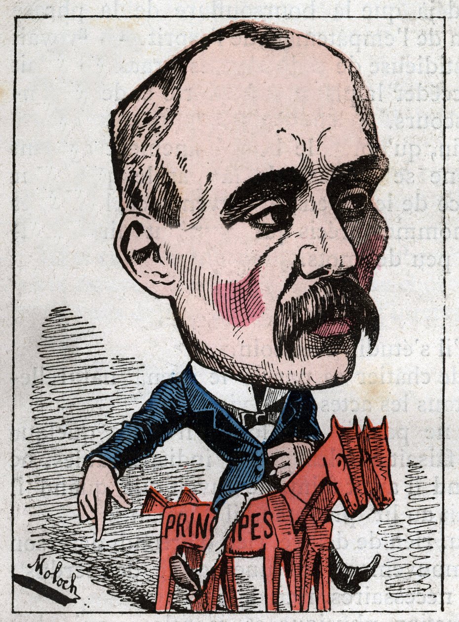 Retrato de Georges Clemenceau (1841-1929) político em "Le Trombinoscope" de Touchatout, caricatura de B. Moloch de 1882 (1849-1909). Coleção privada. de Moloch
