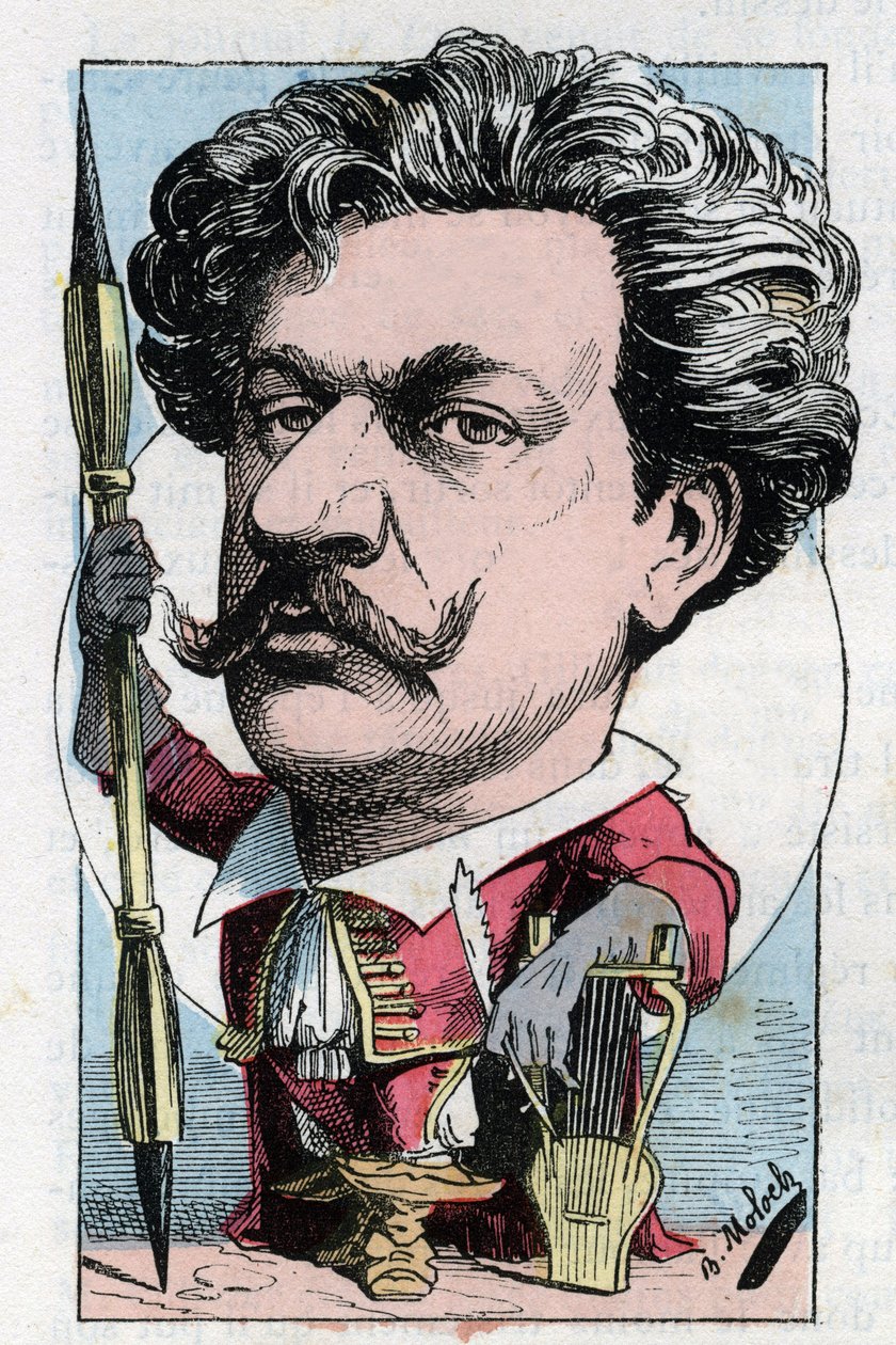 Retrato de Louis Alexandre Gosset de Guines dit Andre Gill (1840 - 1885) Pintor poeta francês em "Le Trombinoscope" de Touchatout, cartoon de B. Moloch de 1882 (1849-1909). Coleção particular. de Moloch