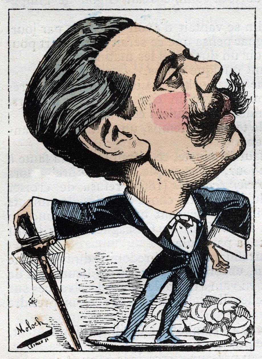 Retrato de Paul Granier de Cassagnac (1842-1902), jornalista político francês em "Le Trombinoscope" de Touchatout, cartoon de B. Moloch de 1882 (1849-1909). Coleção particular. de Moloch