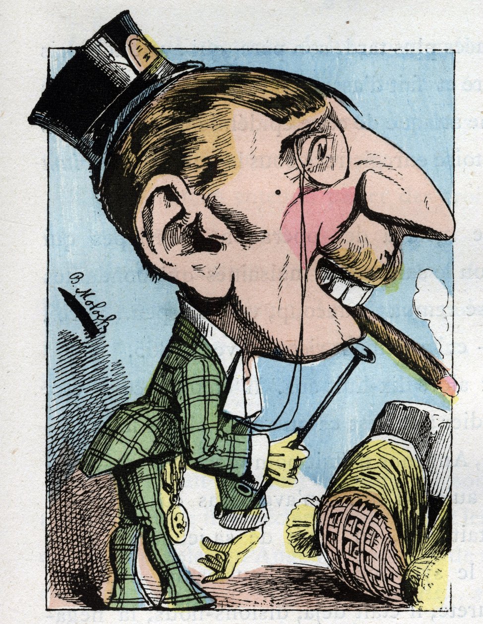 Retrato de um "jovem gomoso" tem uma elegância ultrajante e limita-se ao ridículo (elegante, elegante, peixinho, viscoso) em "Le Trombinoscope" de Touchatout, caricatura de B. Moloch de 1882 (1849-1909). Coleção particular. de Moloch