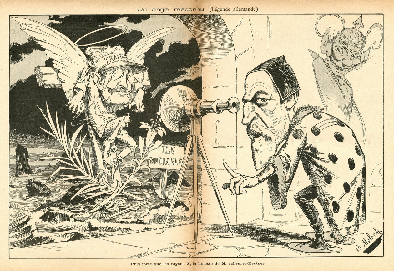 The Image for Laughter, número 4, cerca de 1897_11_13 - Ilustração de Alphonse Hector Columbus, conhecido como B. Moloch ou Moloch (1849-1909): Um anjo desconhecido - caso Dreyfus, Ilha do Diabo - Dreyfus Alfred, Scherer-Kestner Auguste de Moloch