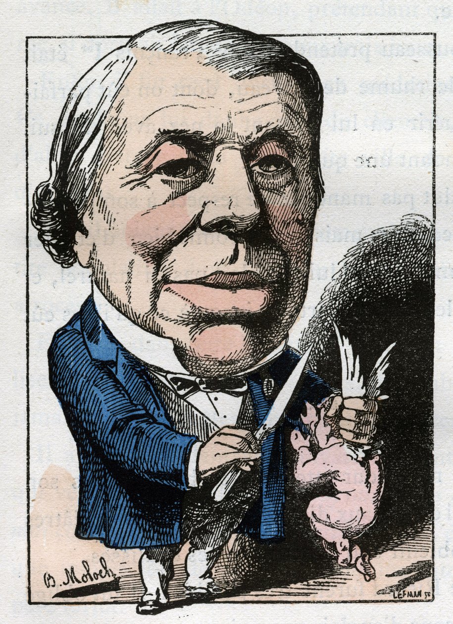 retrato de Philippe Ricord (1800-1889), cirurgião francês em "Le Trombinoscope" de Touchatout, cartoon de B. Moloch de 1882 (1849-1909). Coleção particular. de Moloch