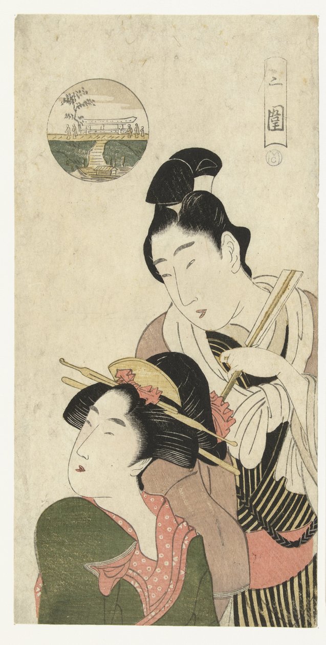 Homem e mulher pensando em visitar Mimeguri Mimeguri (título no objeto) de Momokawa Chôki (attributed to)