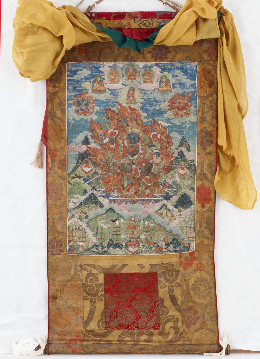 Damjen Garwa Nagpo, meados do século 19 (pigmentos minerais em algodão dimensionado, montagens de brocado Qing originais, capa de poeira original, borlas mongol e vareta com gorros) de Mongolian School