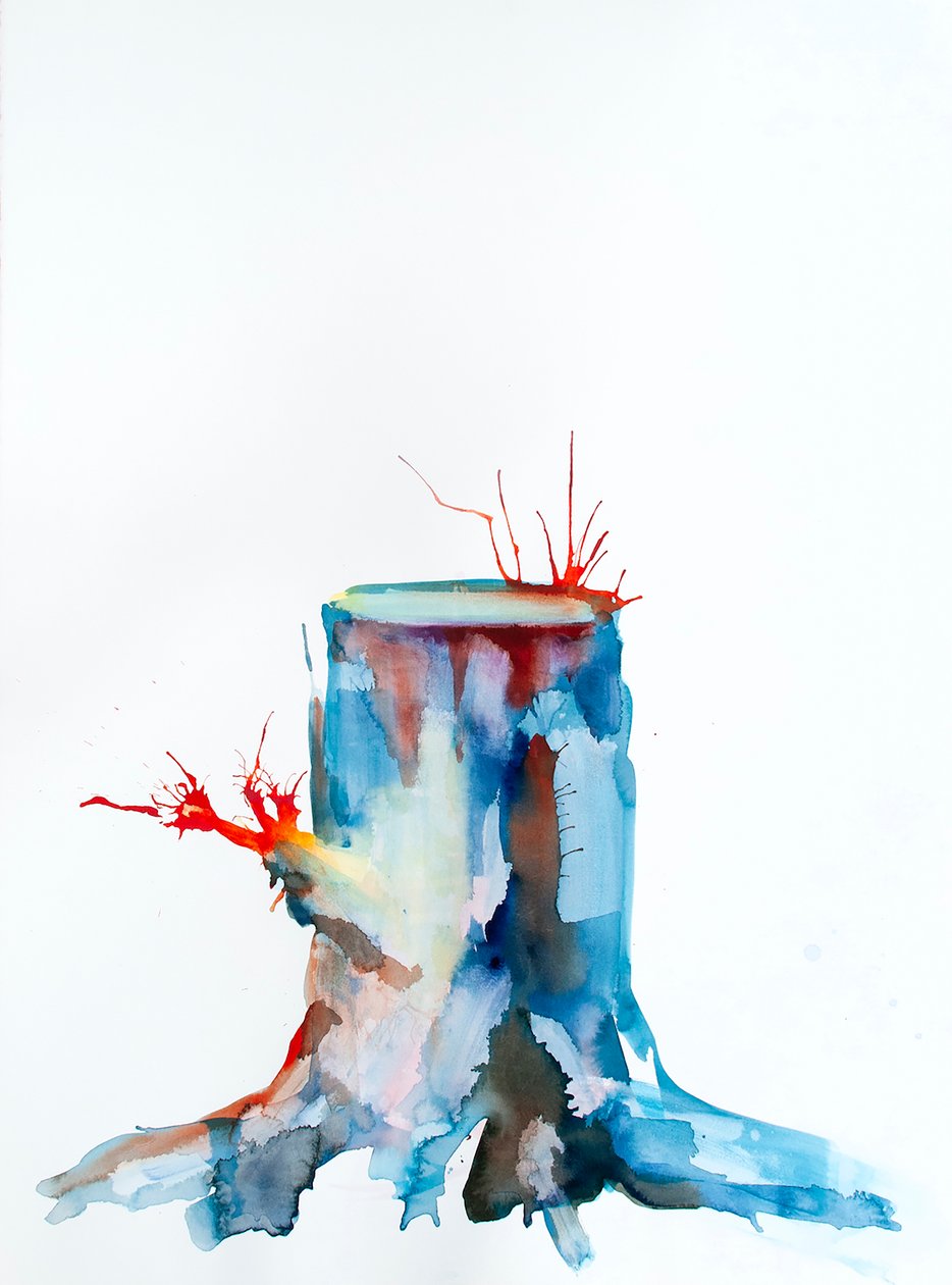 Red Shoots, 2020 (tinta, sumo de beterraba e aguarela sobre papel Bockingford) de Monica Perez Vega