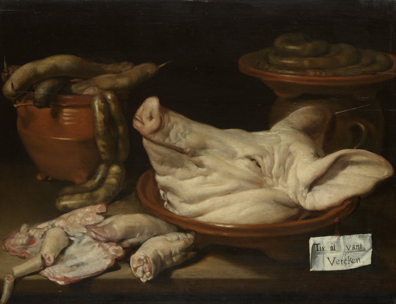 Ainda vida com cabeça de porco, Knuckles de porco e salsicha, c.1650 de Monogrammist JVR