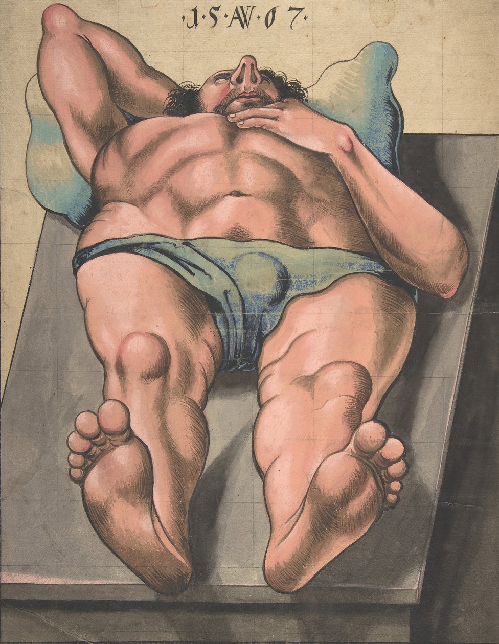 Nu masculino deitado sobre uma mesa, 1567 . de Monogrammist AW