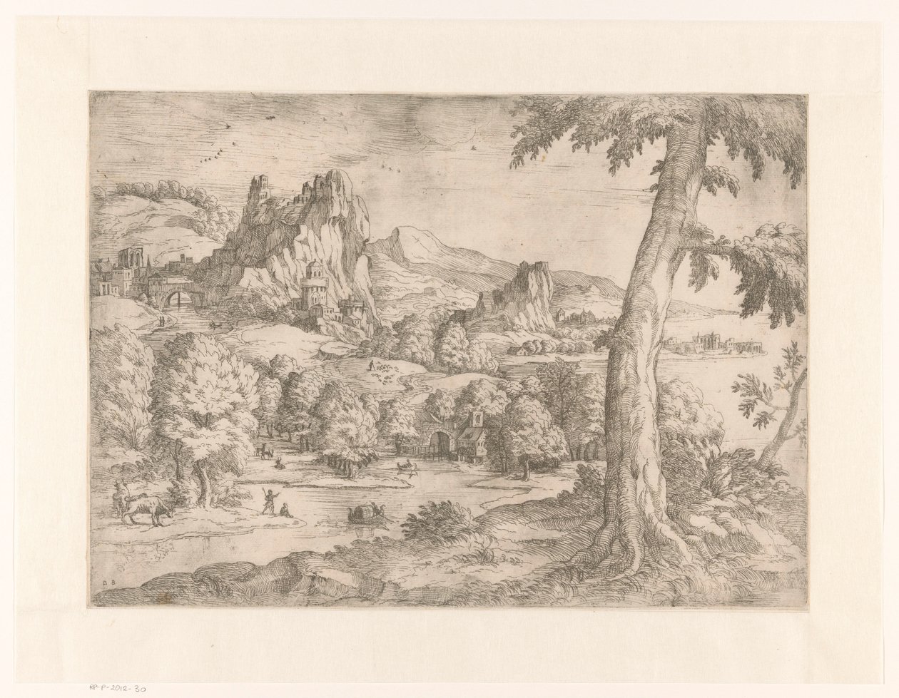 Paisagem panorâmica com grande árvore de Monogrammist DB (etser 16de eeuw)