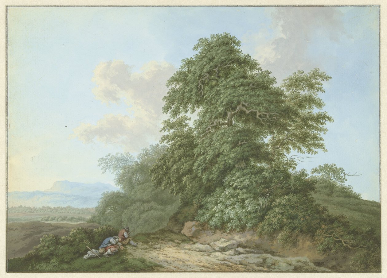 Paisagem com viajantes em repouso ao longo de uma estrada de Monogrammist FWH (possibly)