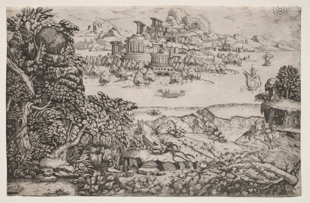 Paisagem com um templo sobre um lago, século XVI. de Monogrammist HI