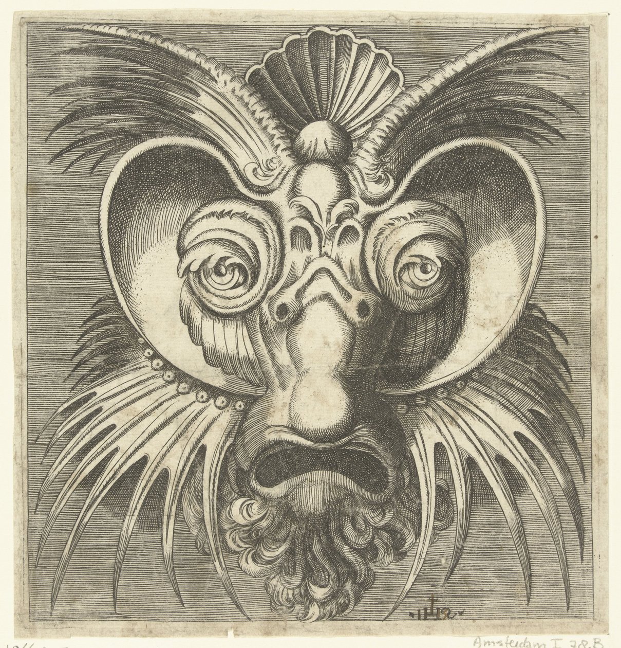 Máscara com pires à volta dos olhos e tufos pontiagudos nas bochechas e na testa
Libro di variate mascar (...) (título da série) de Monogrammist IHS