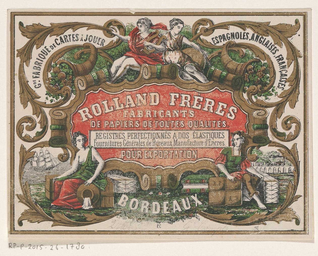 Cartão de visita da Rolland Frères, fabricante de papel em Bordeaux de Monogrammist PC (lithograaf)