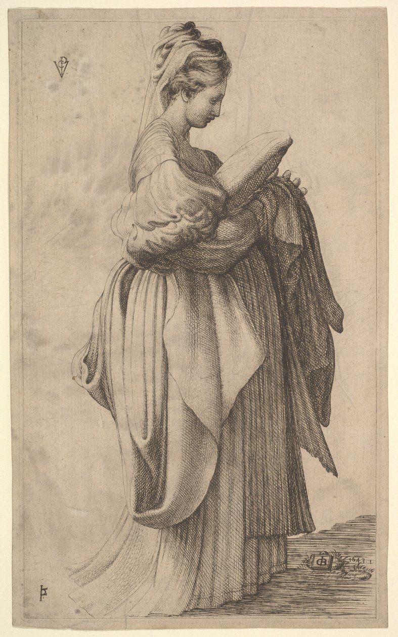 Figura feminina segurando uma almofada, 1643. de Monogrammist VCP