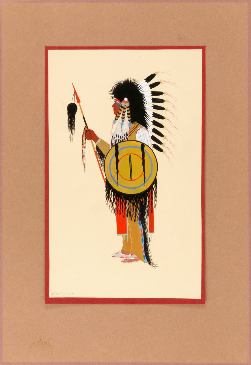 Cheyenne Warrior em cocar de penas com escudo, ca. 1915-1937. de Monroe Tsatoke