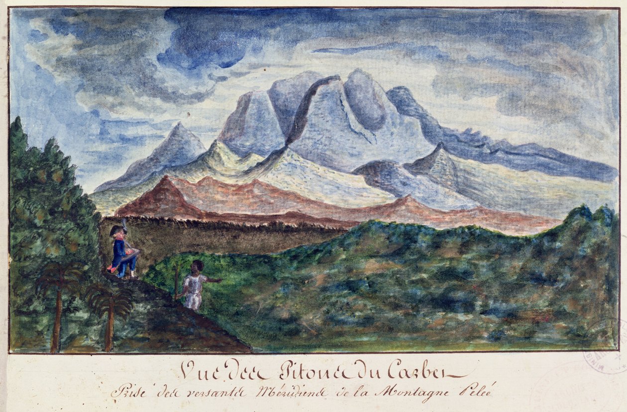 Vista do Pitons du Carbet de Mount Pelee, Martinica, c.1815 (aguarela sobre papel) de Moreau de Jones