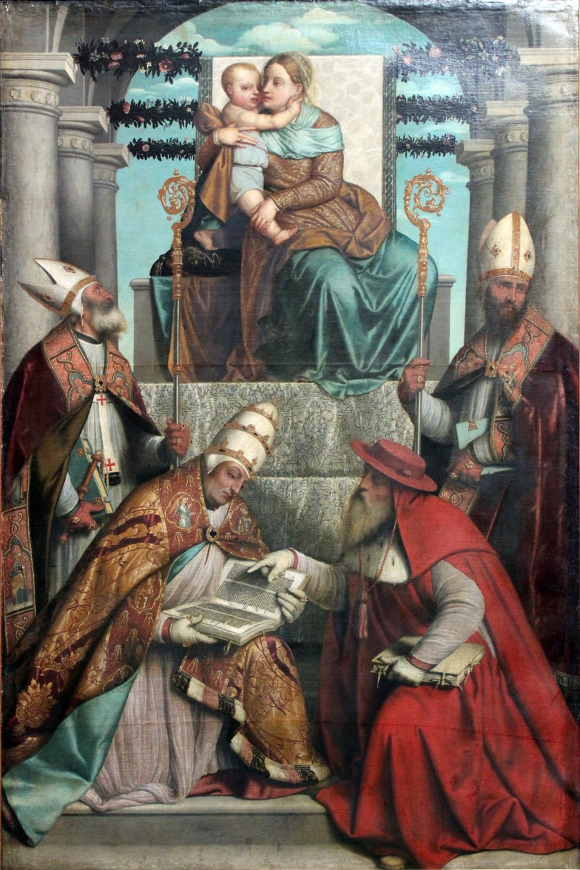 Virgem e criança entronizados com os quatro pais da Igreja latina de Moretto da Brescia