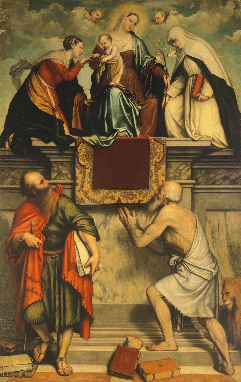 Madona Entronizada com Criança, Santa Catarina, São Paulo e São Jerónimo de Moretto da Brescia