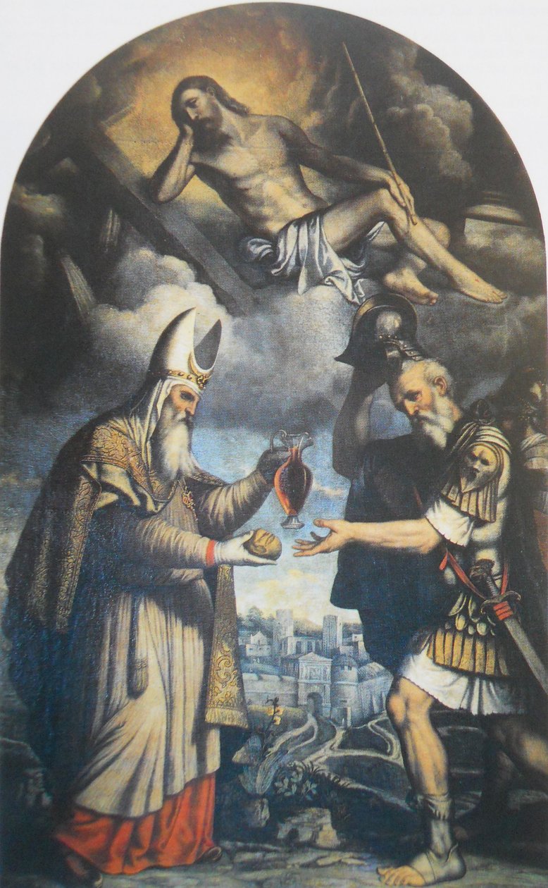 Melquisedec oferece pão e vinho ao patriarca Abraão de Moretto da Brescia