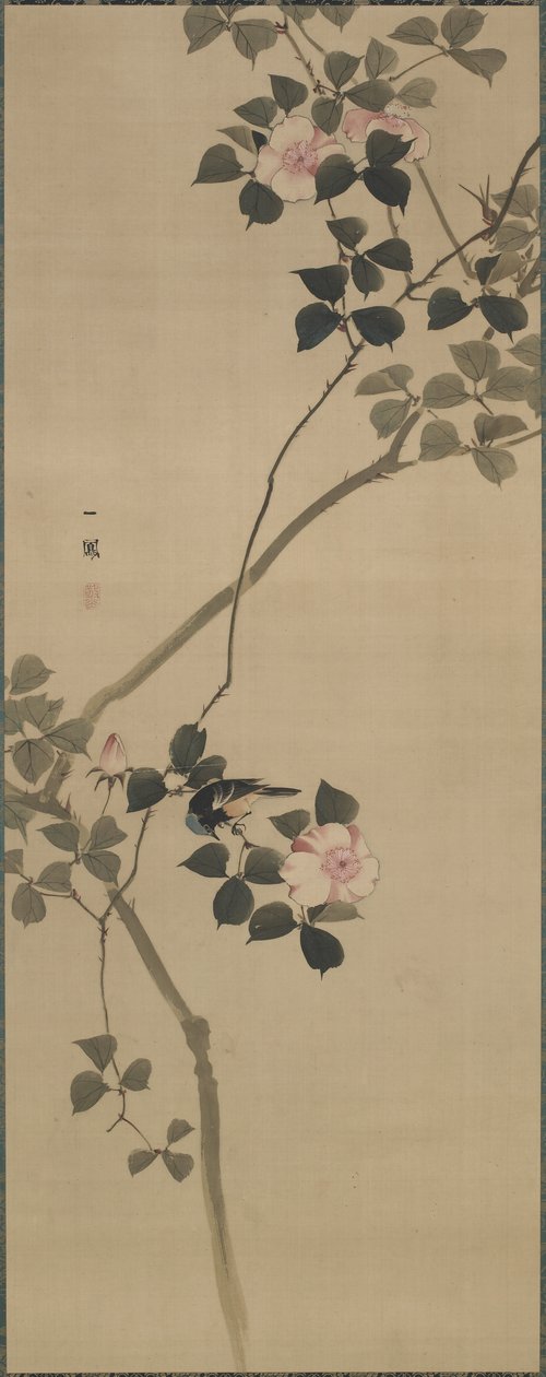 Rosa selvagem e um pássaro, período Edo, 1615-1868 (cor na seda) de Mori Ippo