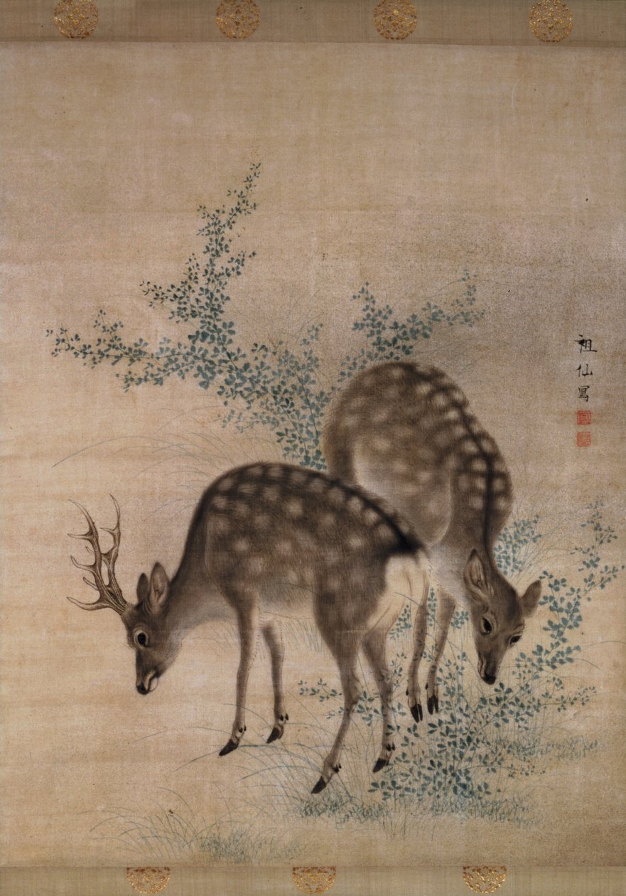 Veado pastando, c.1790 (aquarela em seda) de Mori Sosen