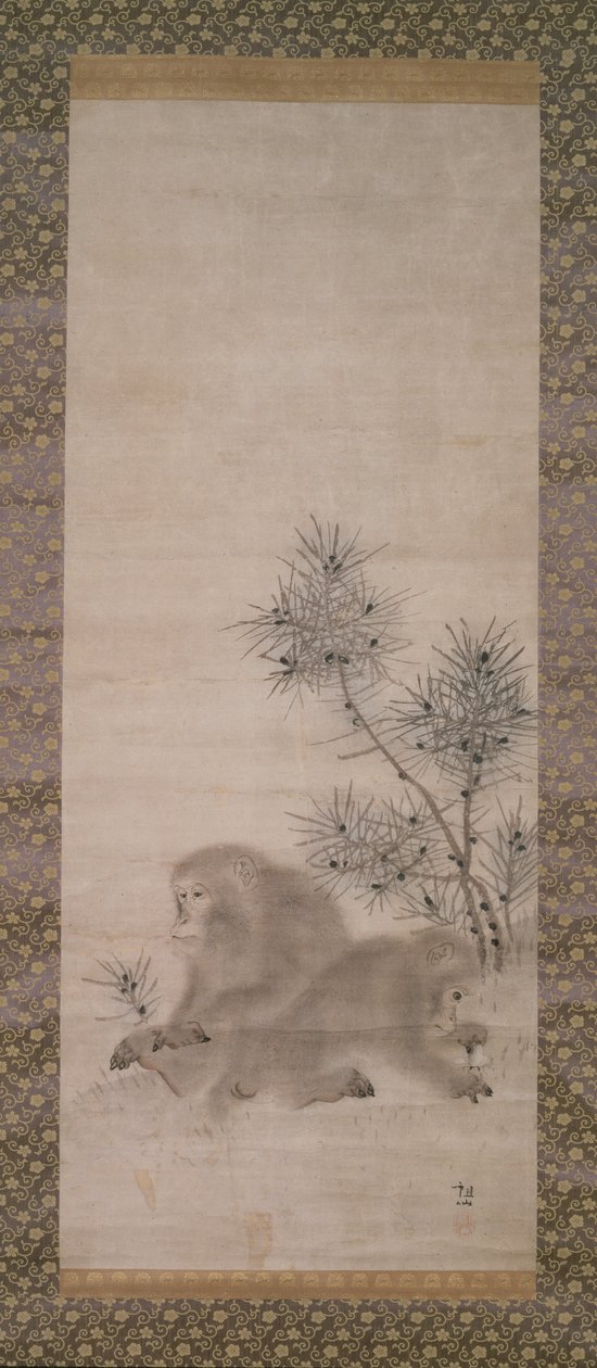 Macacos com mudas de pinheiro e borboleta, c.1800 (aquarela sobre papel) de Mori Sosen