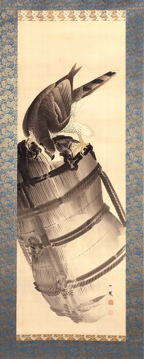 Hawk On A Straw Rice Bale (tinta e cor sobre seda) de Mori Ippo