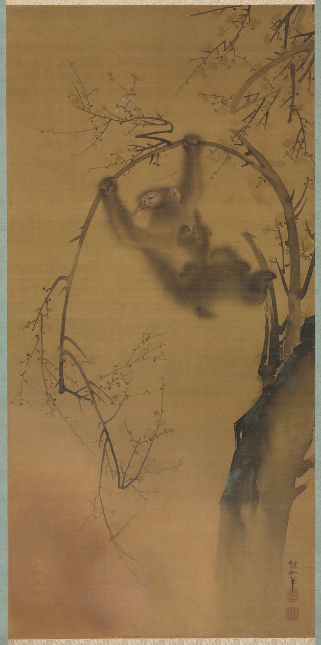 Macacos em uma árvore de cereja, macacos em uma borda da rocha, 1615-1868. de Mori Sosen
