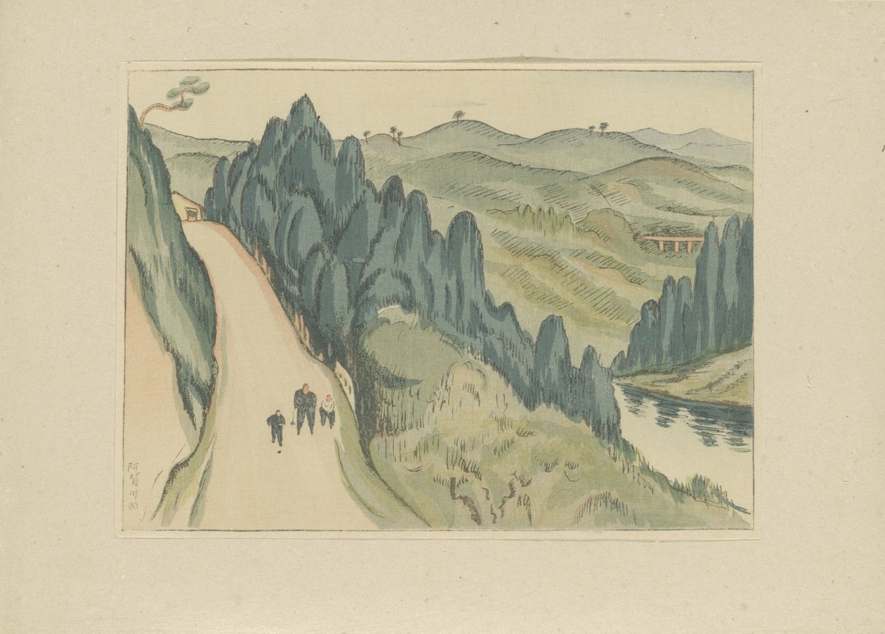 O Rio Aga
Agagawa (título sobre o objecto)
Segunda parte, área Aizu (título da série)
Dai nishû, Aizu no bu (título da série)
Impressões de paisagens japonesas (título da série)
Nihon fûkei hanga (título da série) de Morita Tsunetomo