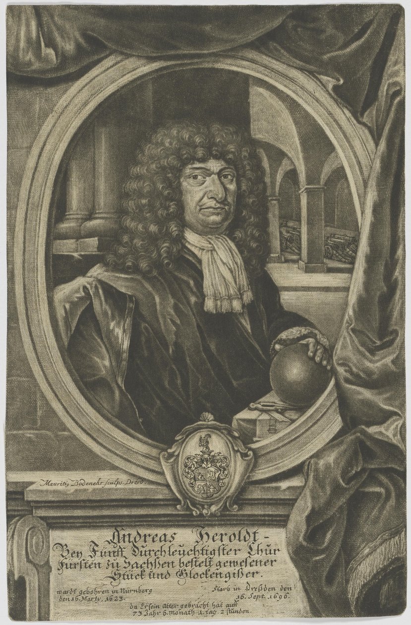 Gravura em cobre da peça do Saxon Eleitoral e fundador do sino Andreas Herold (1623-1696) de Moritz Bodenehr