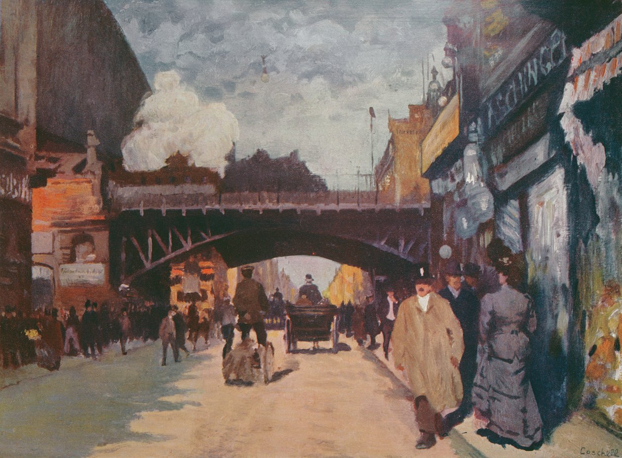 Rua em Berlim: Friedrichstrasse na esquina da Georgenstrasse, c.1900 de Moritz Coschell