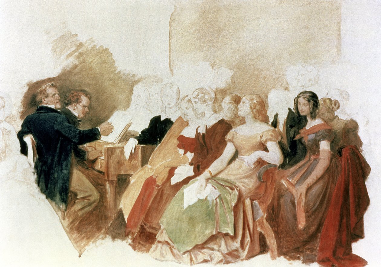 Estudo para uma noite no Barão von Spaun: Schubert ao piano entre seus amigos, incluindo o operativo barítono Johann Vogl (1768-1840) de Moritz Ludwig von Schwind