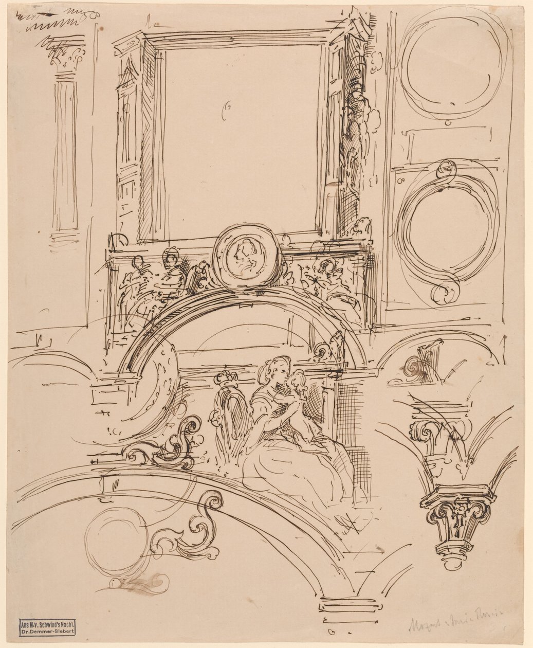 Pormenores arquitectónicos para uma decoração de parede com a Imperatriz Maria Theresia abraçando o jovem Wolfgang Amadeus Mozart, c.1864 (caneta e tinta) de Moritz Ludwig von Schwind