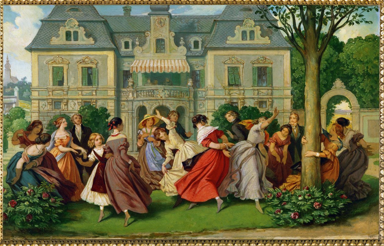 Jogos de sociedade, uma mansão ao fundo ... (pintura a óleo) de Moritz Ludwig von Schwind
