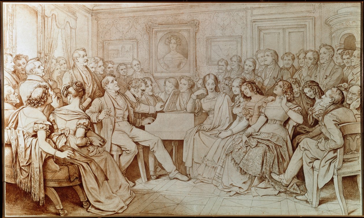 O compositor Franz schubert acompanha o tenor Johann Michael Vogl numa noite musical no Barão von Spaun (Desenho de Moritz Ludwig von Schwind