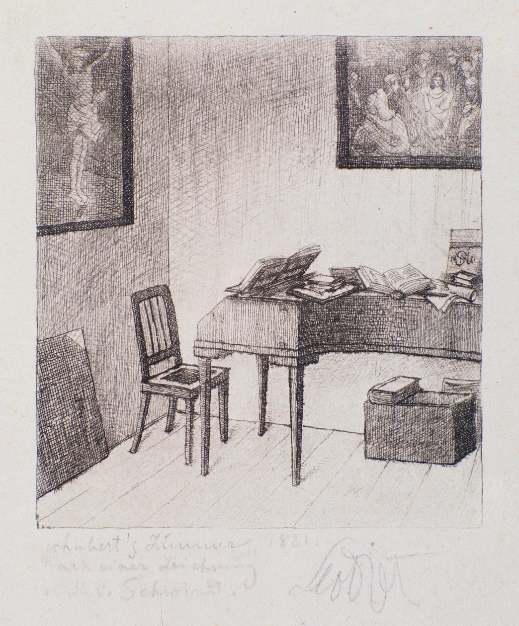 Vista do quarto de Franz Schubert (negraving) de Moritz Ludwig von Schwind