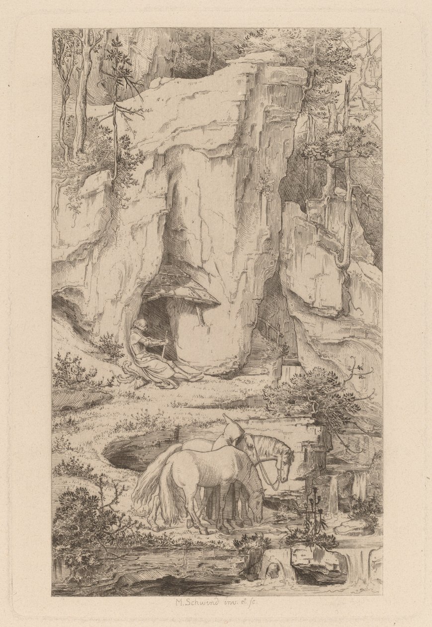Um monge conduzindo cavalos para a água de Moritz Ludwig von Schwind
