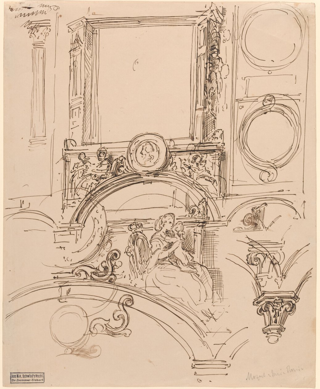 Detalhes arquitetônicos para uma decoração de parede com a imperatriz Maria Theresia abraçando o jovem Wolfgang Amadeus Mozart de Moritz Ludwig von Schwind