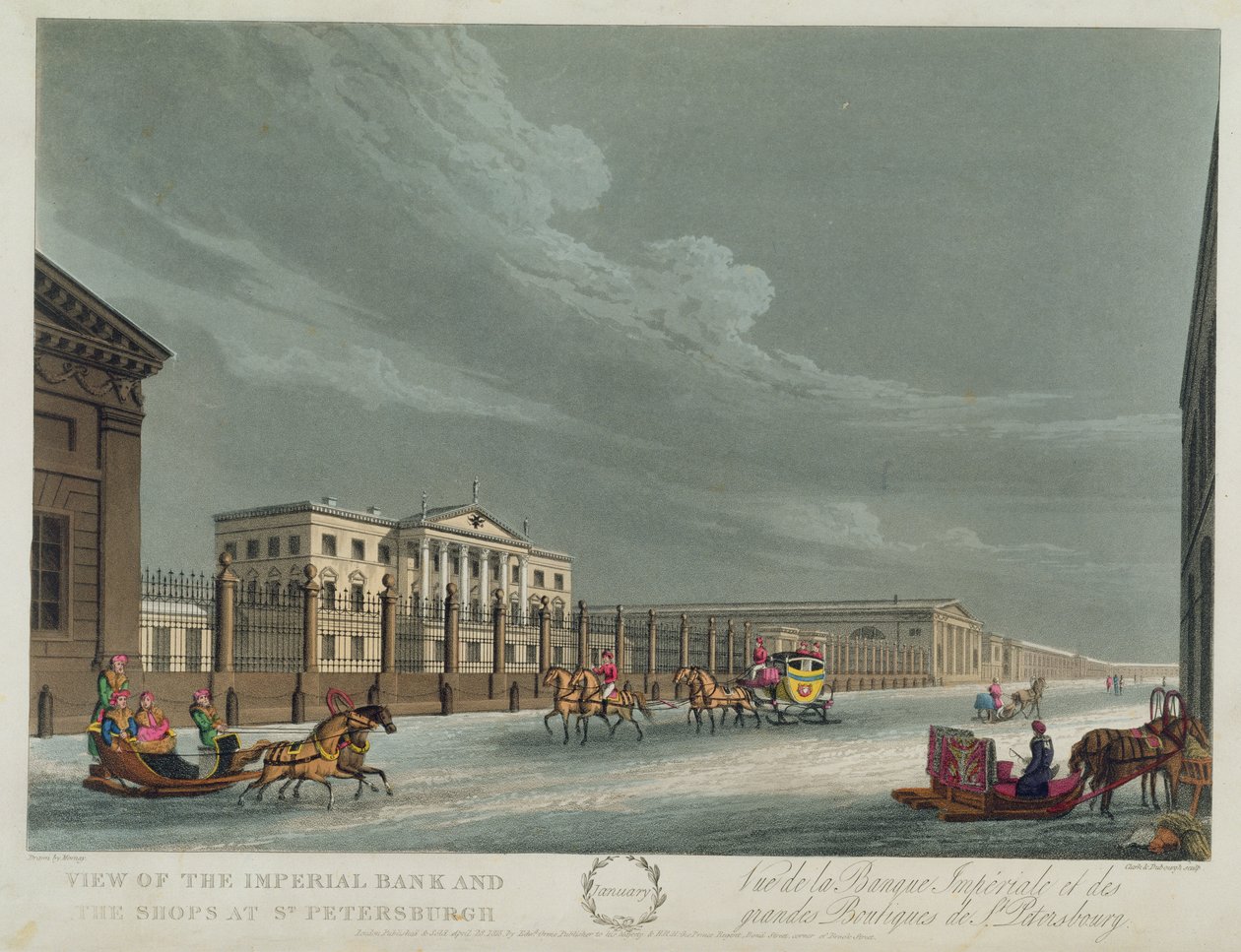 Vista do banco imperial e das lojas em St Petersburg, ilustração para janeiro "de um ano em St Petersburg" gravado por John H. Clark, colorido por M. Dubourg, bar. 1815 em Londres por Edward Orme de Mornay