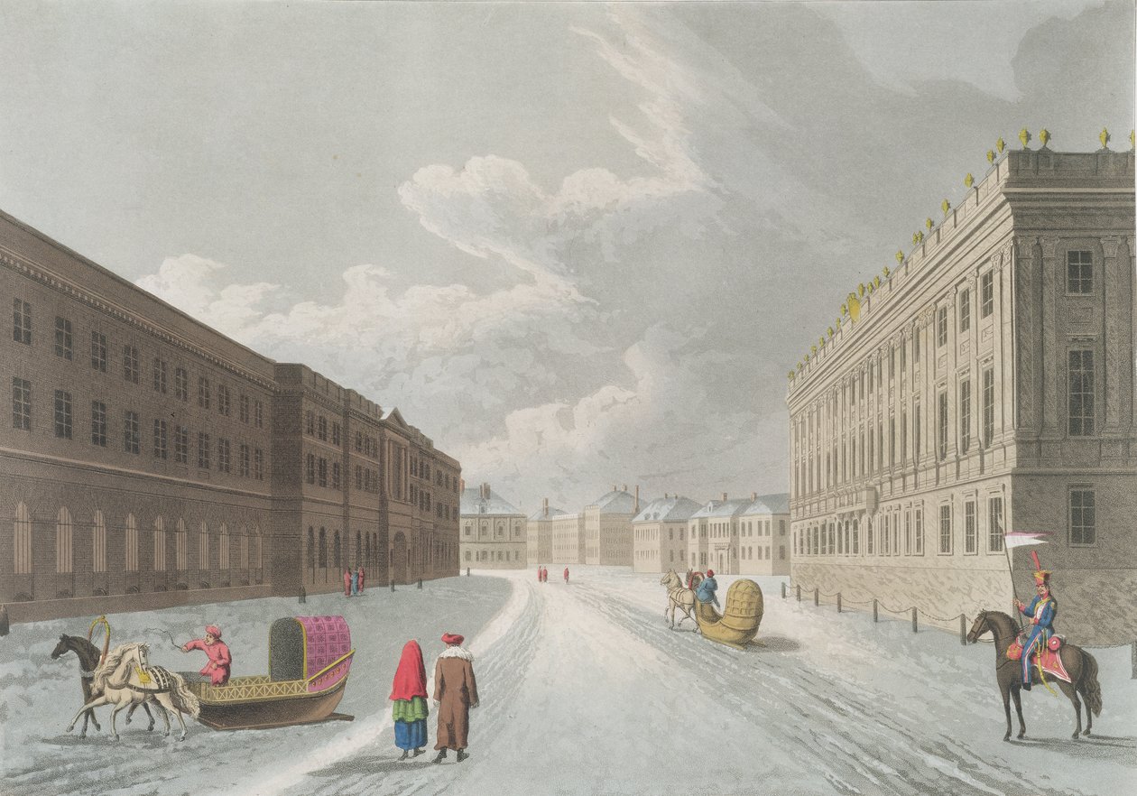 Vista do palácio de mármore no Millione grande, St Petersburg, ilustração para fevereiro "de um ano em St Petersburg" gravado por John H. Clark, colorido por M. Dubourg, bar. 1815 em Londres por Edwar de Mornay