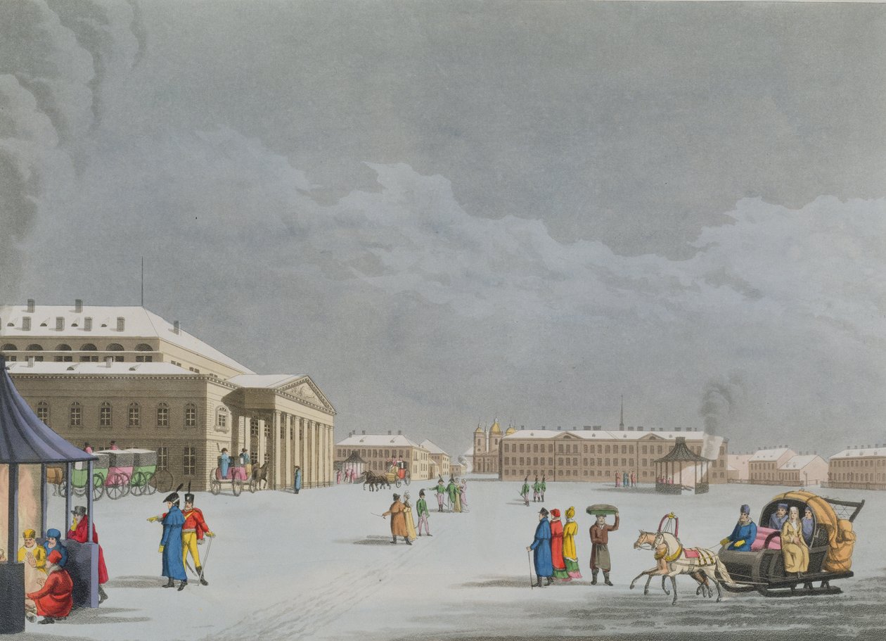 Vista do quadrado e do teatro grande em St Petersburg, ilustração para março "de um ano em St Petersburg" gravado por John H. Clark, colorido por M.Dubourg, bar. 1815 em Londres por Edward Orme (c de Mornay