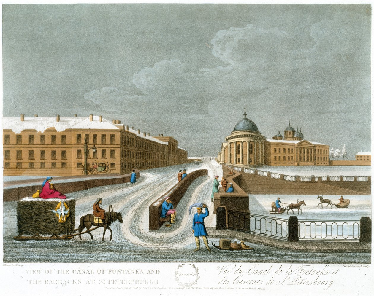 Vista do canal de Fontanka e das barracas, ilustração para novembro de um ano em St Petersburg gravado por John H. Clark, colorido por M. Dubourg. bar. 1815 em Londres por Edward Orme (cor lith de Mornay