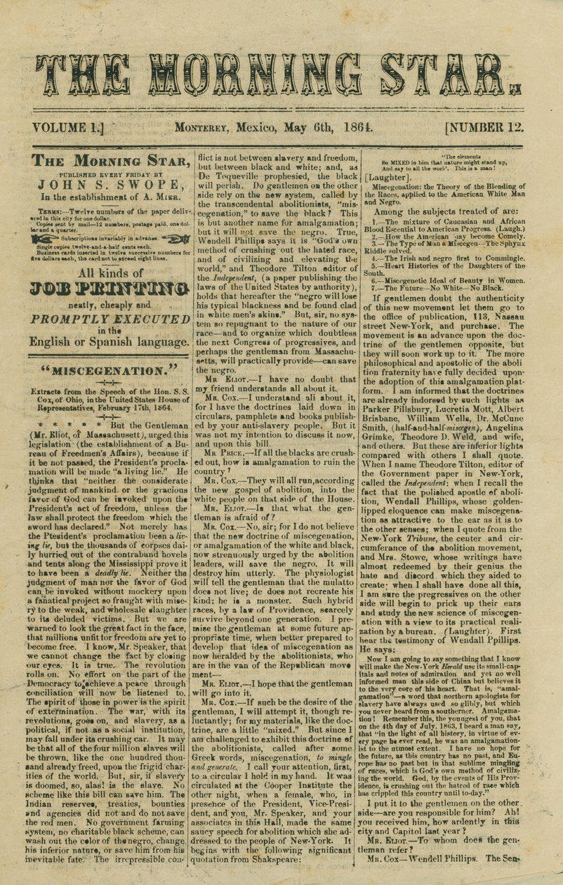 Inclui artigo sobre legislação proposta sobre miscigenação e notícias da Guerra Civil de Morning Star