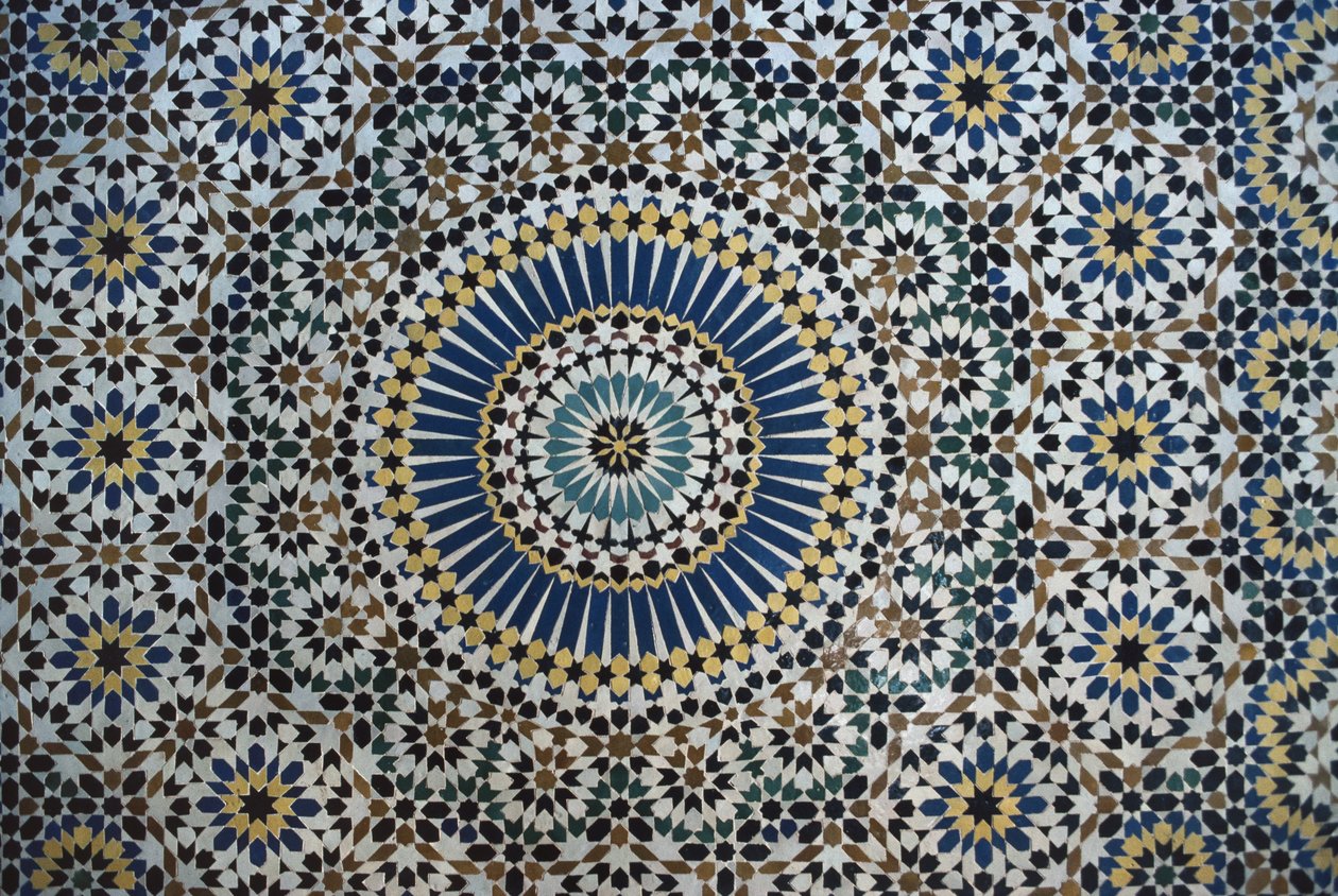 Kasbah de Thamiel glaoui, zellij tilework, detalhe (cerâmica) de Moroccan School