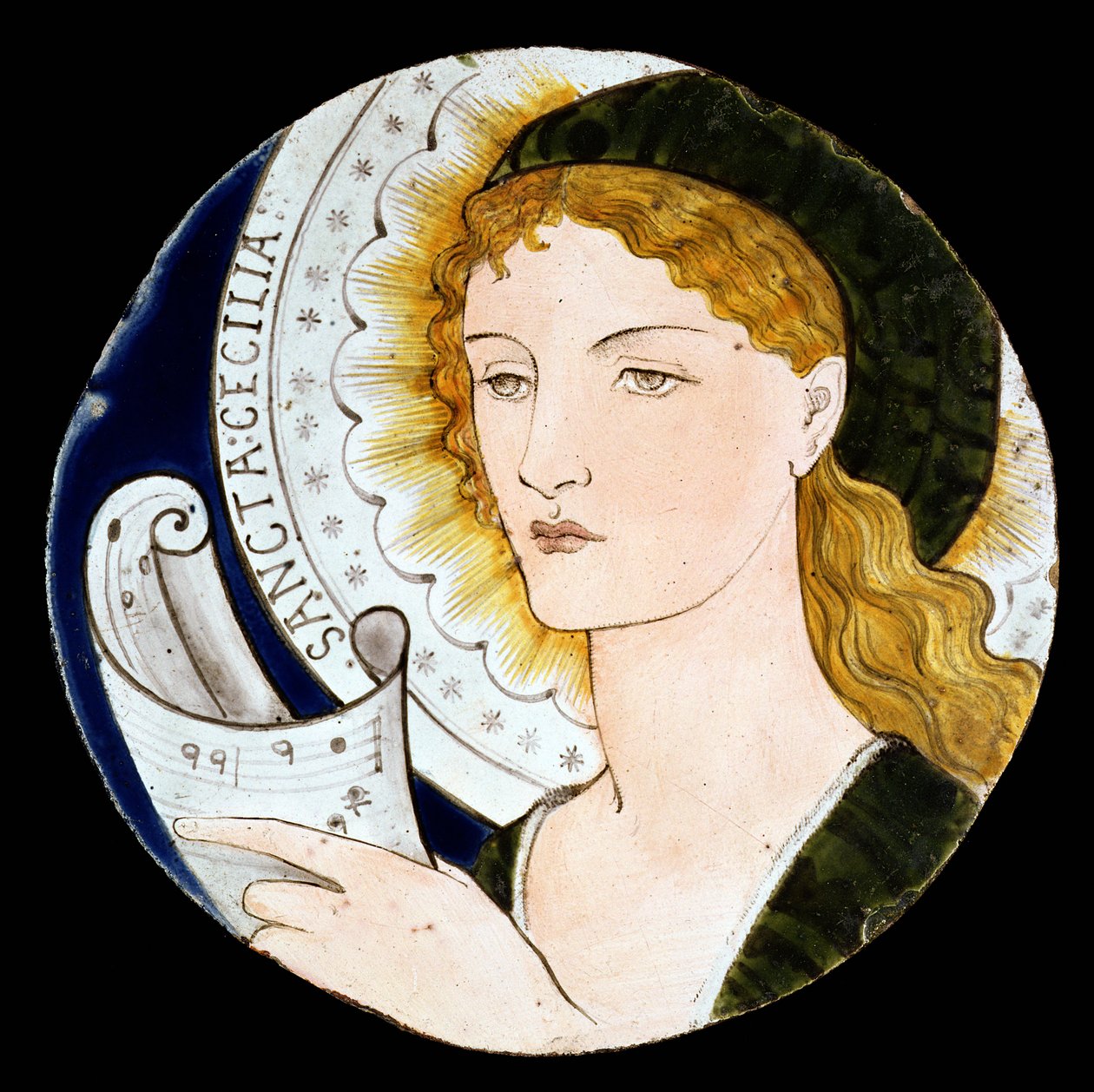 C.2-1922 Azulejo Morris and Company representando Santa Cecília, desenhado por Edward Burne-Jones (1833-98), pintado por Kate Faulkner, c.1865 (faiança pintada) de Morris and Company