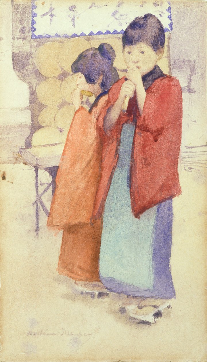 Retrato, de, dois, japoneses, crianças, 1895-96, (wc, sobre, lápis, ligado, paper) de Mortimer Ludington Menpes