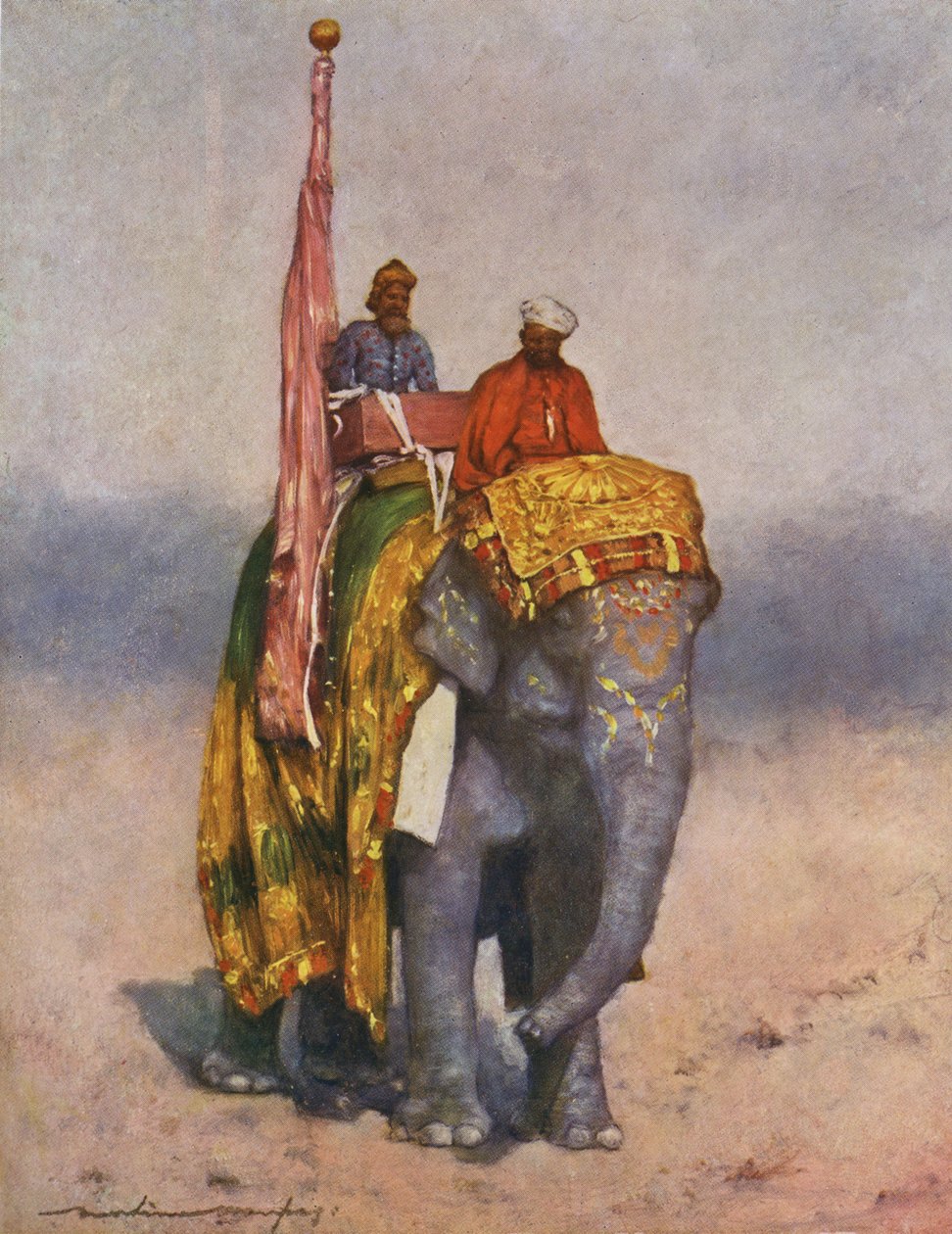 Homem rico, montando um elefante - Índia, início do século XX de Mortimer Ludington Menpes