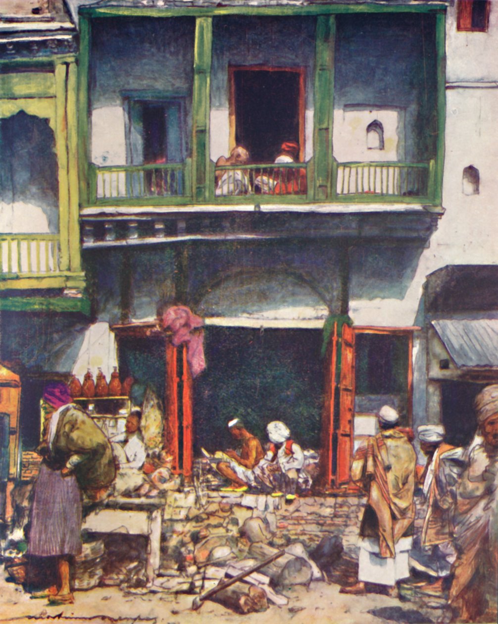 Um bazar movimentado em Nova Deli, 1905 de Mortimer Ludington Menpes