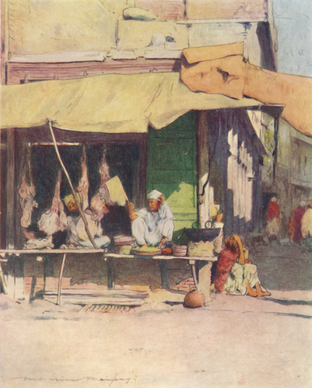 A Meat Shop em Peshawur, 1905 de Mortimer Ludington Menpes